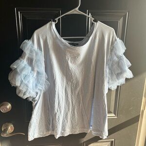 Lea & Viola from Anthropologie White Tee with Blue Ruffle Sleeves